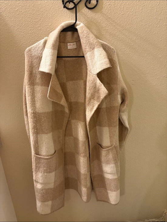 Allie Rose Sweaters - Checkered Open-Front Cardigan Sweater - Beige/Cream